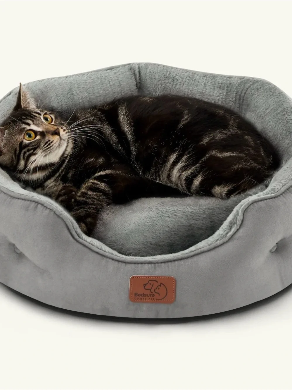 Bedsure Round Bolster Anti Slip Pet Bed Washable Pillow Cushion Gray Plush Soft